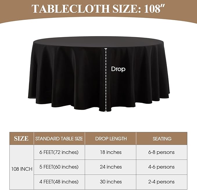 Round Tablecloth 8 Pack 108 Inch Black Tablecloths Washable Decorative Linen Polyester Table Clothes Cover for Dining Table Banquets Buffet Parties and Wedding