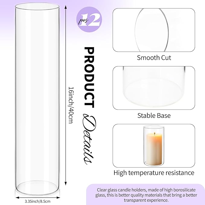 12Pack Glass Cylinder Vases for Centerpieces - 16 Inch Tall Flower Vase for Wedding Decorations, Floating Candle Holder Vase Bulk,Glass Hurricane Candle Holders for Table Shelf, Party, Home Decor