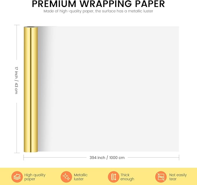 KMER LIFE Metallic Wrapping Roll (Gold) - 17 x 394 Inch, Premium Gift Wrapping for Birthday, Wedding, Christmas, Parties