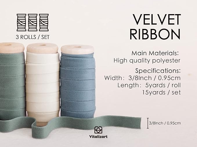 Vitalizart Velvet Ribbon Dusty Green Blue 3/8" x 15 Yd Fabric Trim 3 Rolls * 5 Yd for Christmas Wreath Decoration Craft Ornaments Gift Wrapping Bows