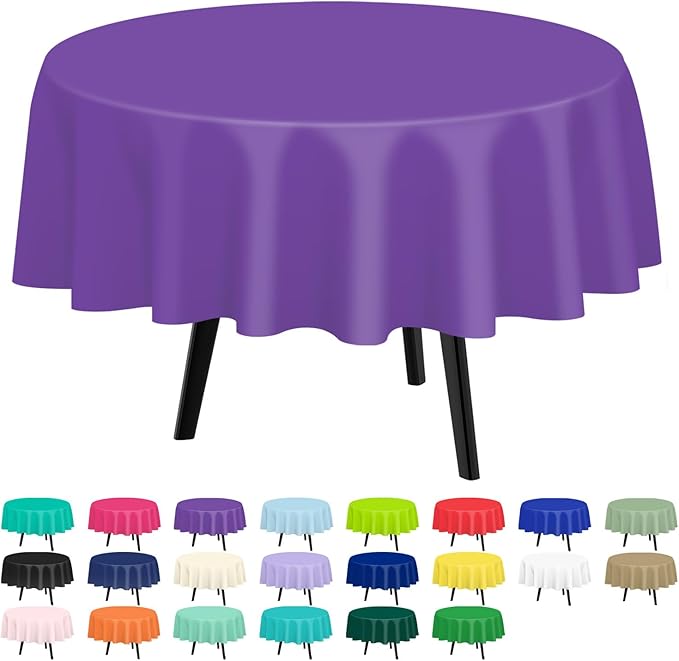 QIKSION Purple Round Tablecloth 12 Pack, 84 Inch Plastic Table Cover Disposable for Parties