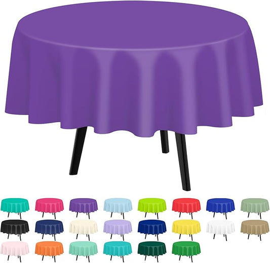 QIKSION Purple Round Tablecloth 12 Pack, 84 Inch Plastic Table Cover Disposable for Parties