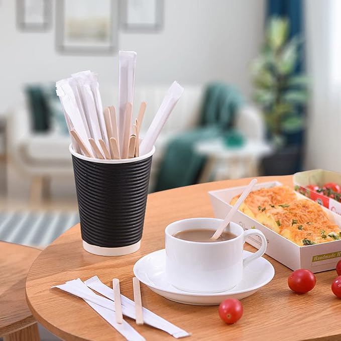 500pcs Individually Wrapped Wooden Coffee Stirrers - 5.5" Coffee Stir Sticks, Round End Disposable Stir Sticks, For Coffee, Cocktail and Hot Drinks