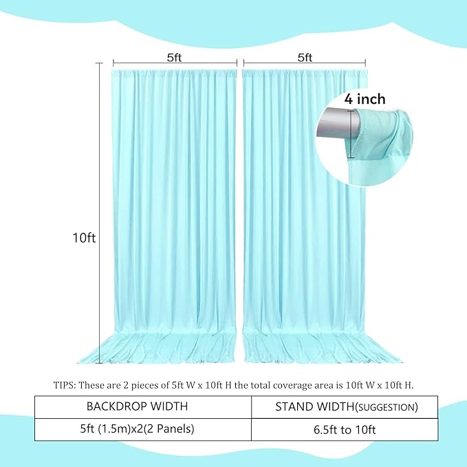 2 Panels Lake Blue Backdrop Curtain, 10 x 10 Feet Satin Background Curtains for Parties, Weddings, Baby Showers, Halloween, Christmas Birthday Party Photoshoot Backdrop Curtains Decorations