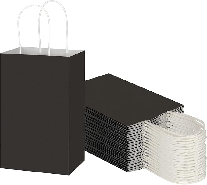 Toovip 50 Pack 5.25x3.25x8.25 Inch Small Black Kraft Paper Bags with Handles Bulk, Gift Wrap Bags for Favor Grocery Retail Party Birthday Shopping Business Goody Craft Merchandise Take Out Cub Sacks