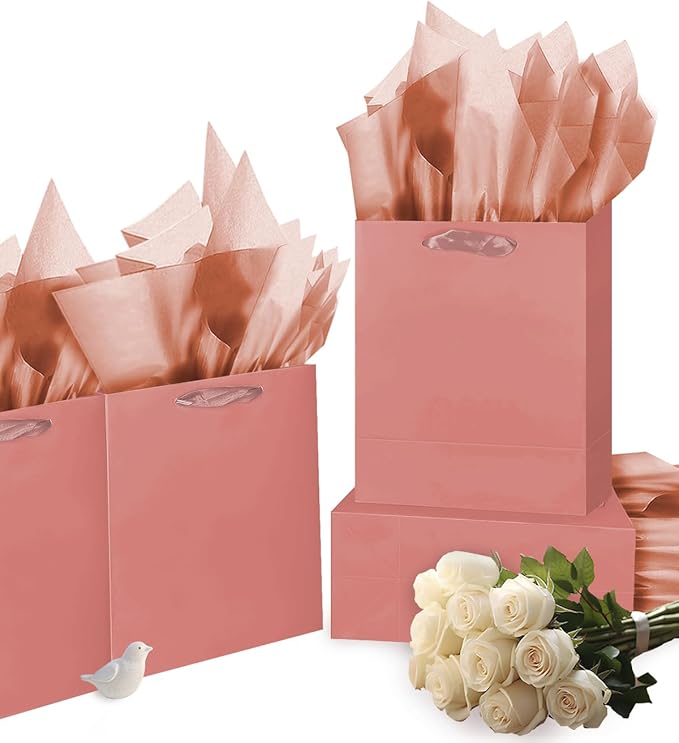 Gcardist Cinnamon Pink Gift Bags With Tissue Paper for Wedding, Birthday, Party Supplies - Medium Size 7.9"x4.3"x9.6" Cardboard (5 Bags + 10 Tissue Papers)
