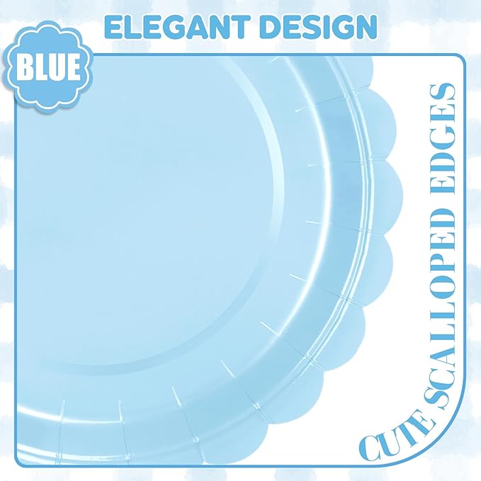 48 Pcs Light Blue Paper Plates 9 Inch Scalloped Dessert Plates - Disposable Light Blue Cake Plate - Baby Shower Birthday Party Wedding Bridal Party Supplies