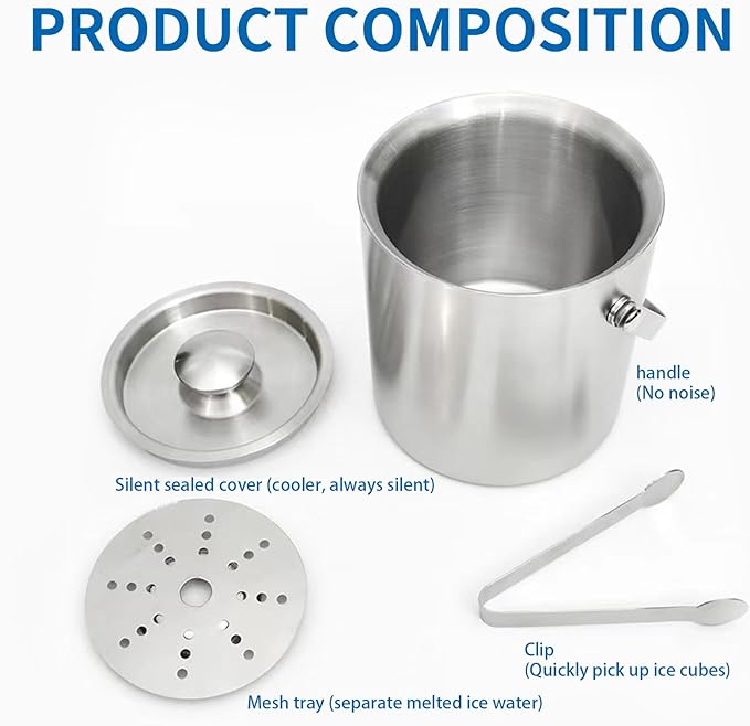 3L Stainless Steel Double-Wall Insulated Ice Bucket with Lid, Tongs & Strainer – Large Ice Bucket for Parties, Wine, Beer, Champagne & Cocktail Bar
