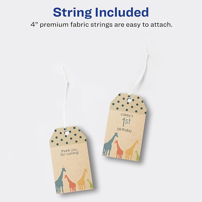 Avery Kraft Brown Banner Tags, Sure Feed Technology, 2" x 3.5", Laser/Inkjet Printable, 64 Total, Strings Included, Also Great for Gifts and Favors (80516)