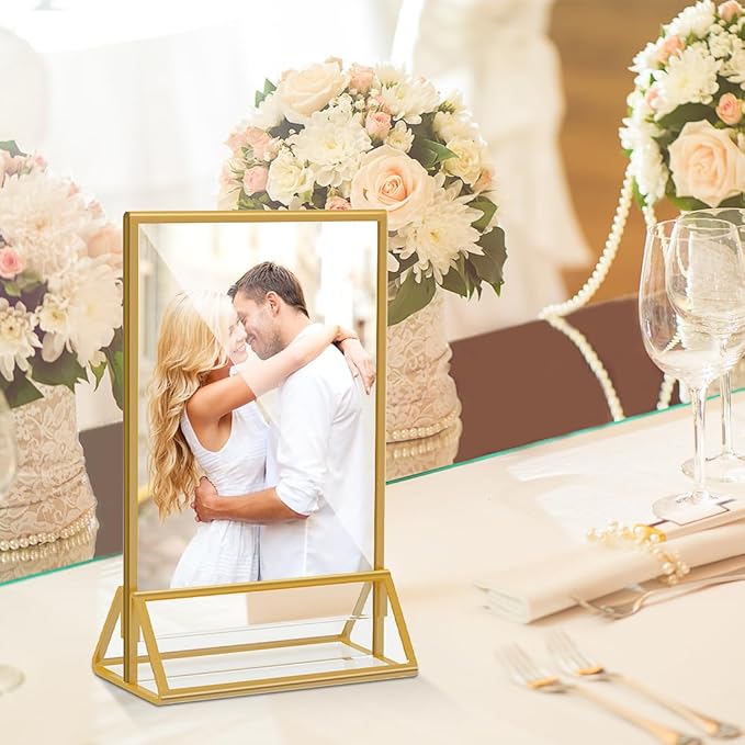 Gold Frames 5x7 Acrylic Sign Holder Double Sided Picture Frames for Wedding Table Number Menu Flyer Display for Office Home Party- Pack of 12