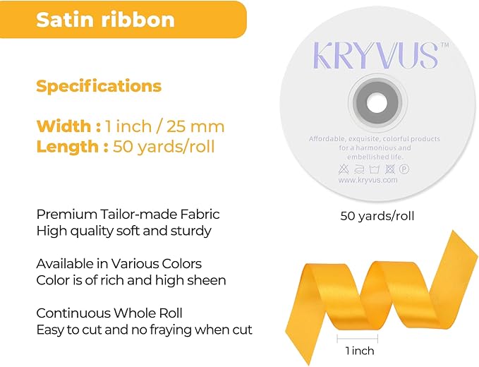 Yellow Satin Ribbon 1 inch X Continuous 50 Yards, Single Face Polyester Ribbon Perfect for Gift Wrapping, Flower Bouquet, Wedding Decor, Crafts, Bow Making, Sewing and More