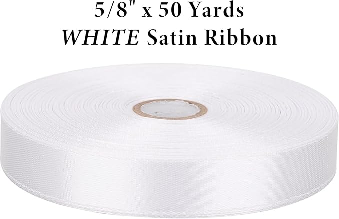 5/8 Inch White Satin Ribbon 50 Yards Solid Fabric Ribbons for Gift Wrapping, Crafts and DIY Projects, Bows Making, Wedding, Party, Holiday Decor
