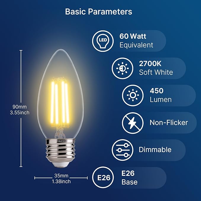 FLSNT B11 E26 Base LED Candelabra Light Bulbs 60W Equivalent, Dimmable, LED Candle Light Bulbs, 2700K Soft White, 12 Pack UL,CA65 Listed.