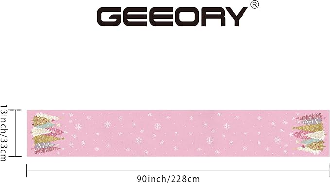 GEEORY Christmas Table Runner 13x90 Inch, Xmas Trees Snowflakes Holiday Decorative Farmhouse Table Decoration for Kitchen Dinning, Indoor Outdoor Dinner Party Decor (Pink) GT153-90