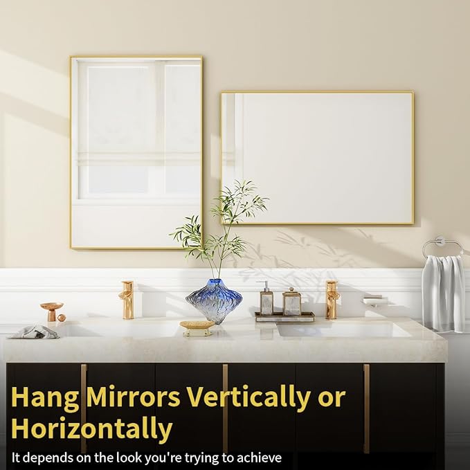 BEAUTYPEAK Gold Bathroom Wall Mirror - 20" x 28" Rectangular Mirror with Metal Frame, Hangs Horizontal or Vertical for Living Room Bedroom Bathroom Entryway