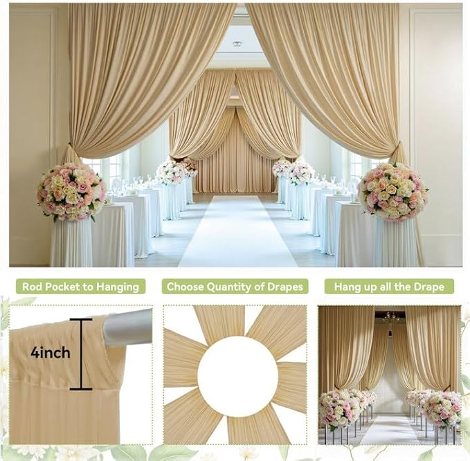 PartyVillage 50ft×15ft Beige Backdrop Curtain for Wedding Parties, 10 Panels Wrinkle Free 15 FT Long Polyester Photo Backdrop Drapes Back Drop Cloth for Birthday Photography Background