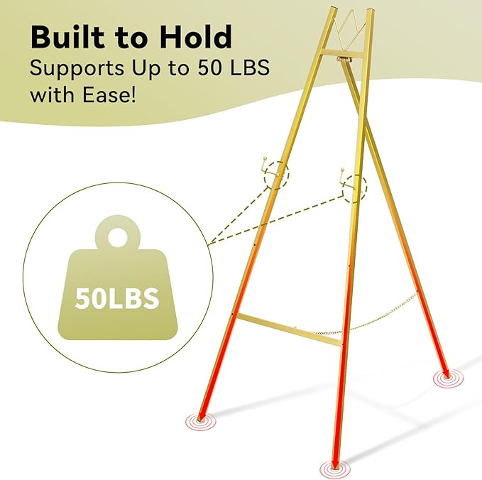 GRENTY 46.7" Gold Easel Stand for Wedding Signs – No Assembly Needed, Heavy Duty Metal Display Stand for Art, Welcome Signs, Posters, Pictures, Paintings, and Floor Décor