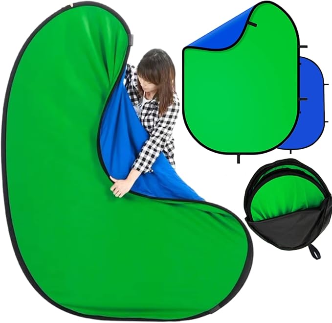Blue Green Screen Backdrop Double Sided Collapsible Greenscreen Backdrop with Carrying Bag,Portable Pop Up Green Screen Background for Streaming Webcam, Blue & Green 59.1 * 78.7"