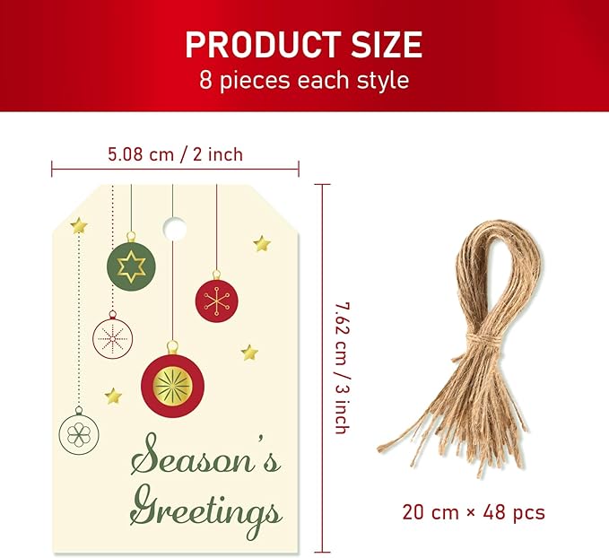 Christmas Gift Tags with String, 48 Pcs Christmas Hanging Tags Label Gold Foil Xmas Present Tag for DIY Xmas Holiday Present Wrapping Decorations, 6 Styles