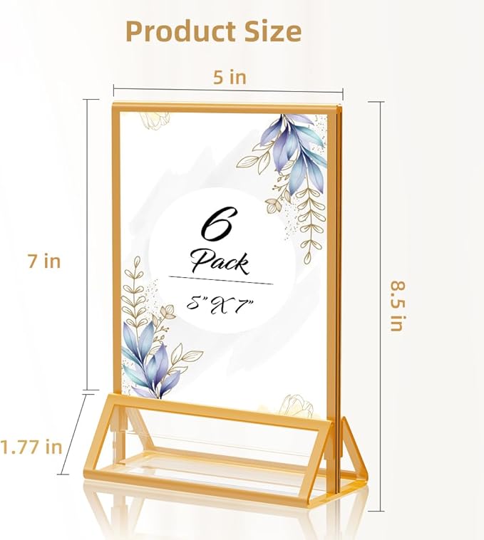 Gold Picture Frame 5X7 Acrylic Sign Holder with Gold Borders Double Sided Acrylic Frames Clear Display Stand, Plastic Sign Holder for Wedding Table Numbers Menu Holder (6 Pack)