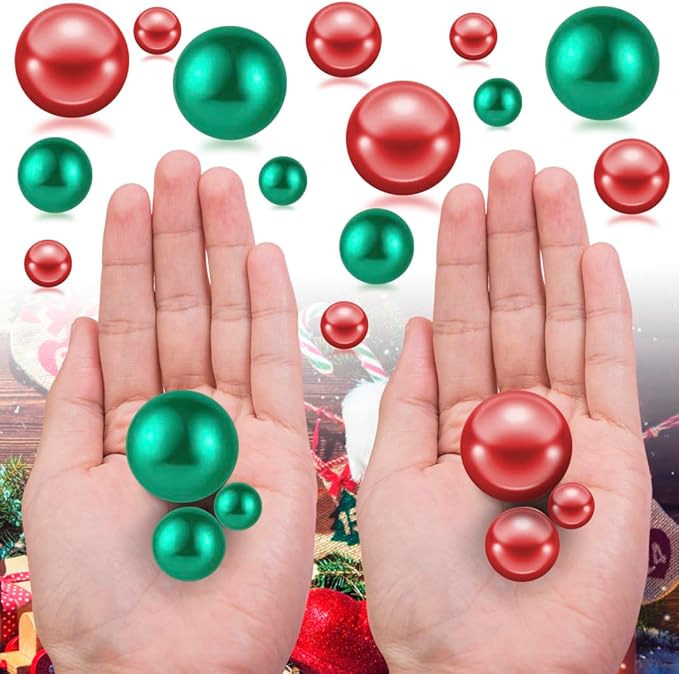 150Pcs Red&Green Polished No Hole Pearl Beads Vase Filler, Christmas Vase Filling Decorations, Plastic Pearls, Table Scatters, Wedding Home Decor, 8/14/20 mm