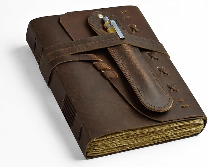 Leather Journal Notebook for Men & Women Daily Vintage Leather Bound Journal Travel Notebook 200 Deckle Lined Paper Diary Writing Journal Travelers Scrapbook Poetry Sketchbook Small Leather Gifts with