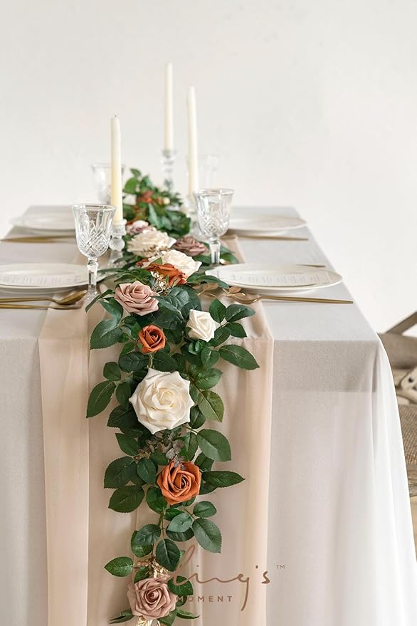 Ling's moment 5FT Artificial Flower Garland Rust Rose Leaves Floral Garland Ivory Arch Flowers Vine for Wedding Party Backdrop Decor Mantel Home Table Centerpieces Wall Decorations Terracotta