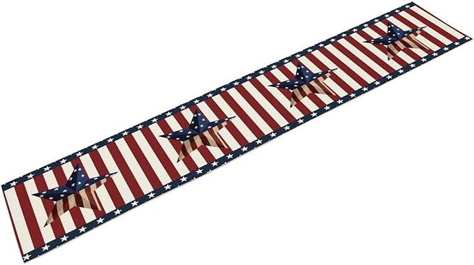 4th of July Table Runner, Patriotic Independence Day American Stars Stripes Flag Print Table Runner for Farmhouse Kitchen Dining Holiday Birthday Party, 13x120inch