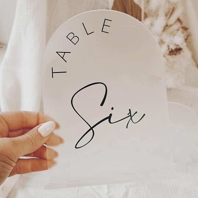 JINMURY Frosted Arch Wedding Table Numbers 1-30 with Stands, 5x7 Inch Frosted Arch Acrylic Sign with Black Letters, Arched Acrylic Table Numbers for Wedding Reception