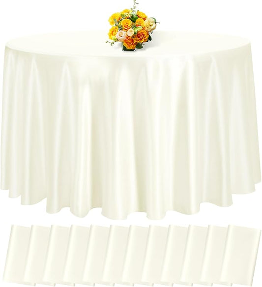 fani 12 Pack 120 Inch Ivory Satin Tablecloth - Premium Bright Silky Round Tablecloth Overlay Smooth Fabric Table Cover, Table Decoration for Wedding Party Banquet Events Restaurant Kitchen Dining