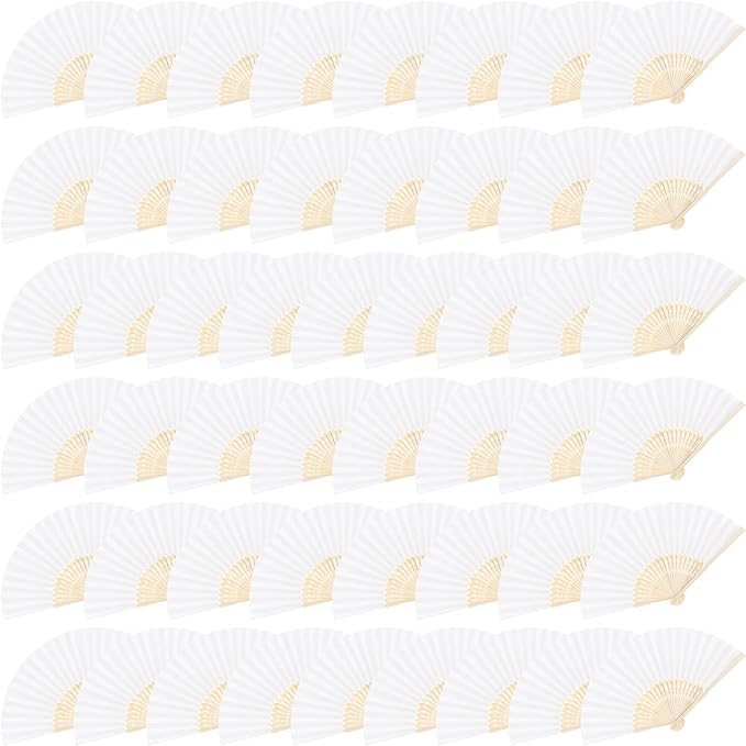 MCEAST 50 Pieces Silk Folding Fan with Bamboo Frames, Handheld Fan Folding Hand Fan Foldable Fan for Wedding Gifts, Party Favors, Home Decoration, White