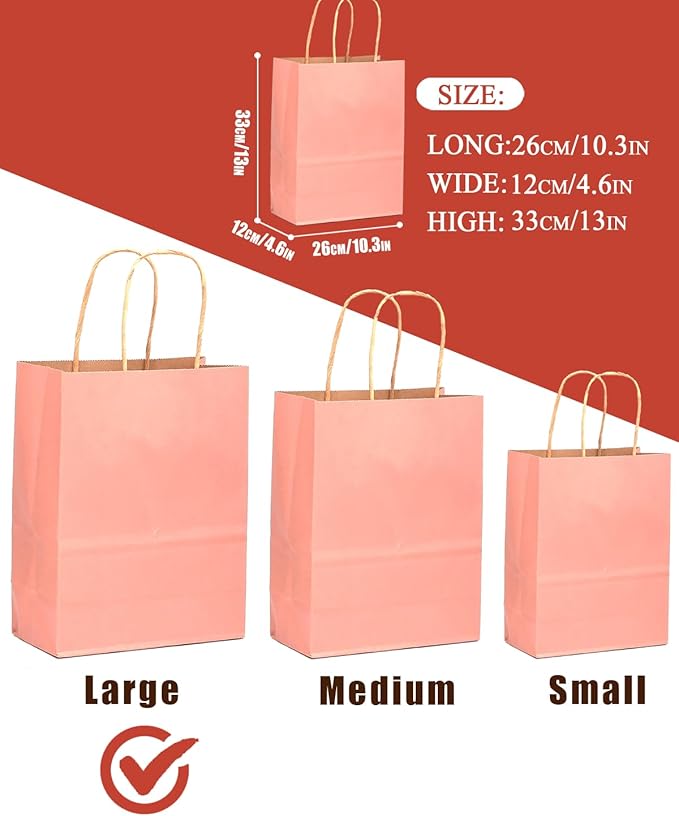 qiqee 100PCS Gift Bag with Handles Bulk Kraft Bright Pink Paper Bags Multiple Uses (13"x10.3"x4.6"- Large Size)
