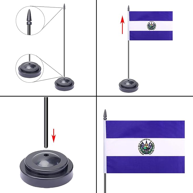 WXTWK 2 Pack Salvador Flag Salvador Deluxe Desk Flag Set - Mini Small El Salvador Table Office Flags with Black 12" Solid Pole Stand Base Classroom Meeting Desktop Decorations