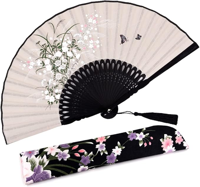 Amajiji Small Folding Hand Fan for Women, Chinese Japanese Vintage Style Bamboo Silk Fans for Party Wedding Dancing Decoration Gift Performance (AM-19)