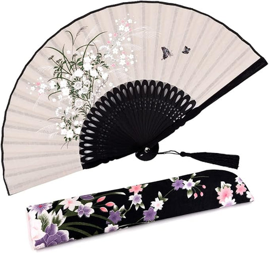 Amajiji Small Folding Hand Fan for Women, Chinese Japanese Vintage Style Bamboo Silk Fans for Party Wedding Dancing Decoration Gift Performance (AM-19)
