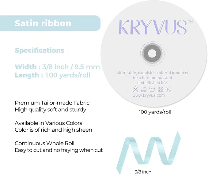 Light Blue Satin Ribbon 3/8 inch X Continuous 100 Yards, Single Face Polyester Ribbon Perfect for Gift Wrapping, Flower Bouquet, Wedding Decor, Crafts, Bow Making, Sewing and More