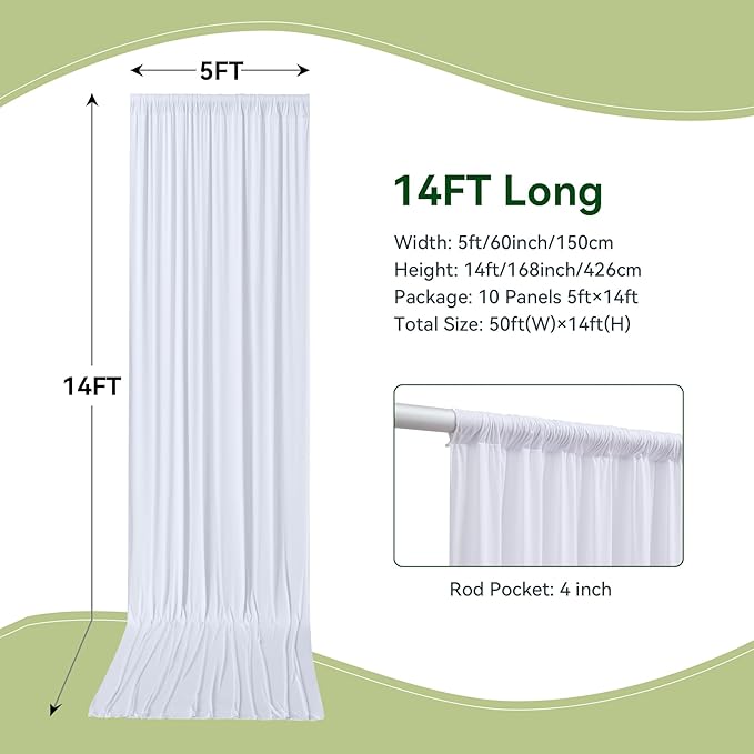 50×14 ft White Wrinkle Free Backdrop Curtain for Wedding Parties, 10 Panels 5×14ft Height Soft Silky Polyester Backdrop Drapes White Photo Back Drop Curtains for Birthday Photography Background Cloth