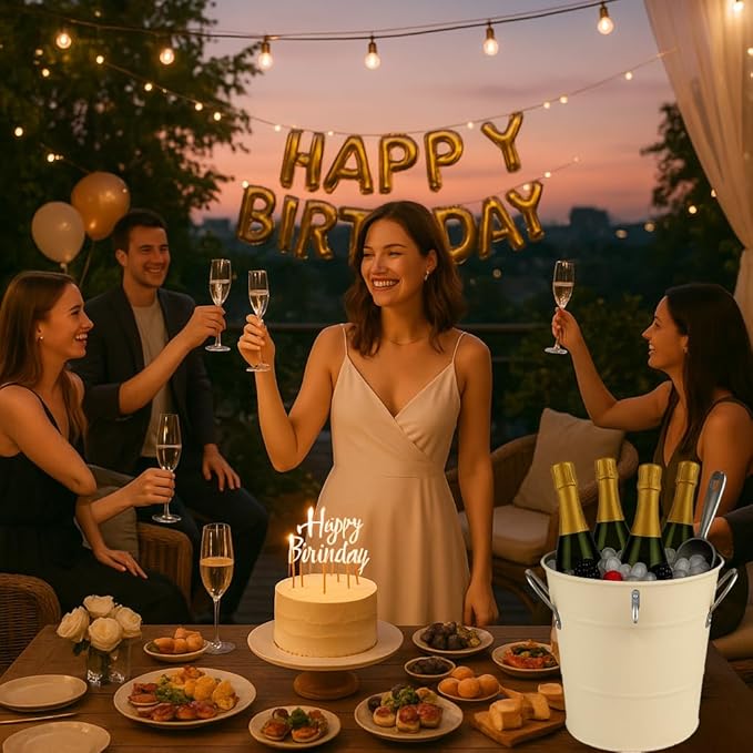 Insulated Ice Bucket with Lid Scoop Handle for Parties Cocktail Bar, 4L Round Mental Champagne Drink Wine Bucket for Drinks White