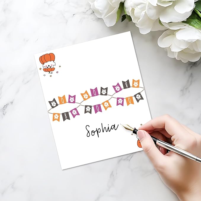 25 Pack Halloween Place Cards, Editable Name Cards for Table Setting, Boo Ghost Tent Cards Food Label for Dinner Party, Bridal Shower, Wedding, Baby Shower and Events -T38