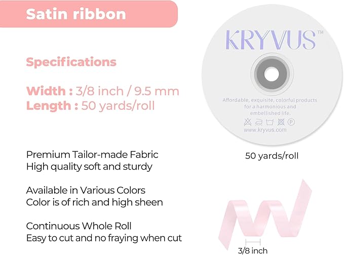 Baby Pink Satin Ribbon 3/8 inch X Continuous 50 Yards, Single Face Polyester Ribbon Perfect for Gift Wrapping, Flower Bouquet, Wedding Decor, Crafts, Bow Making, Sewing and More