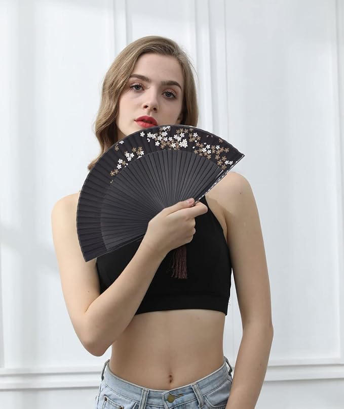 Amajiji Small Folding Hand Fan for Women, Chinese Japanese Vintage Style Bamboo Silk Fans for Party Wedding Dancing Decoration Gift Performance (AM-34)