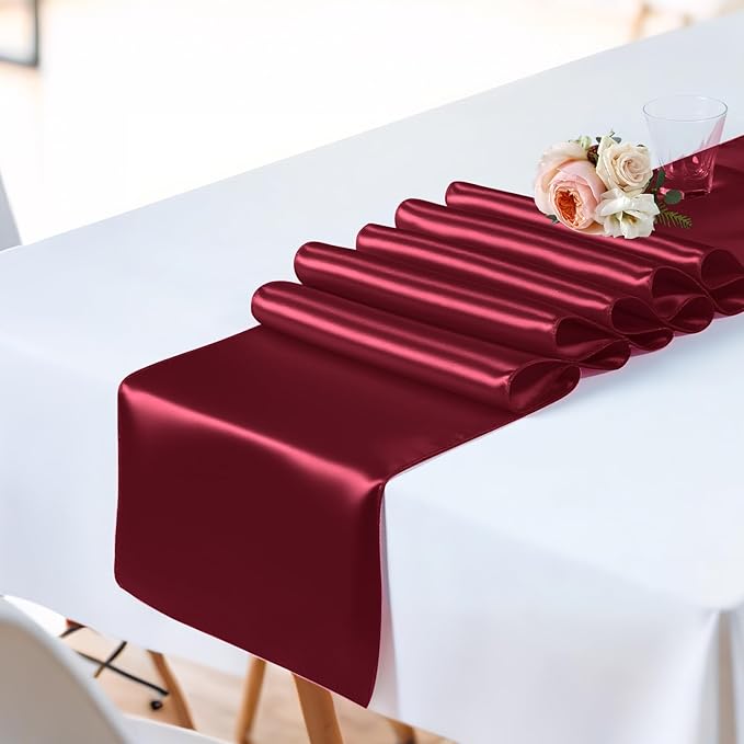 SHEJIZE 20 Pack Wine Red SatinTable Runner 12x108 Inches Long, Bright Silky Smooth Satin Table Runner Table Decor for Wedding Banquet Christmas Prom Event Birthday Party
