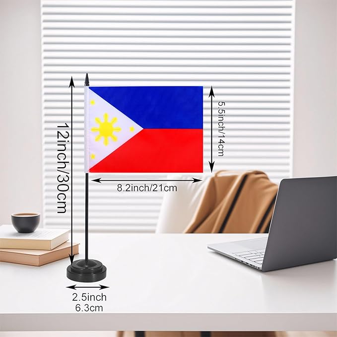 Philippines Desk Flag 12" Solid Pole Deluxe Set Filipino Flags Banner Mini Small Philippines Office Table Flags with Black Stand Base Desktop Decorations(2Pack)