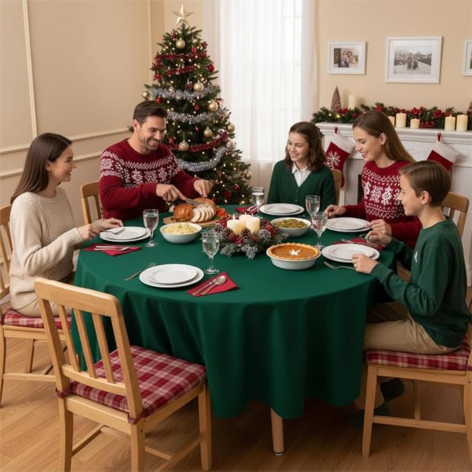 sancua Round Tablecloth - 90 Inch - Water Resistant Spill Proof Washable Polyester Table Cloth Decorative Fabric Table Cover for Dining Tables, Buffet Parties and Camping, Hunter Green