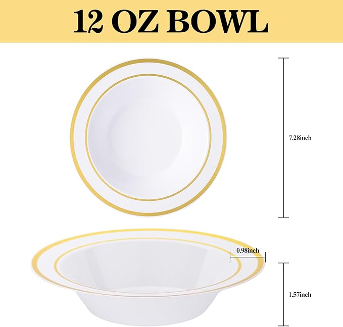 50 Pack Disposable Soup Bowls with Gold Rim,12oz Disposable Soup Bowls,Disposable Soup Dessert Salad Bowls for Wedding/Party/Catered Events