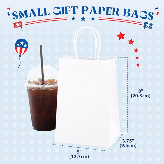 MESHA Gift Paper Bags 300 PACK 5.25x3.75x8'' White Small Shopping Kraft Bags Bulk with Handles Reusable for Business Grocery Birthday Wedding Kids Party Favors(Made in USA)