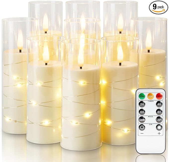 Homemory Flameless Candles with Embedded Star String Fairy Lights, Battery Operated Candles with Remote Control and Timer, Acrylic Flickering LED Candle for Fall Decor, Ivory, Set of 9, D2.2”xH5”6”7”