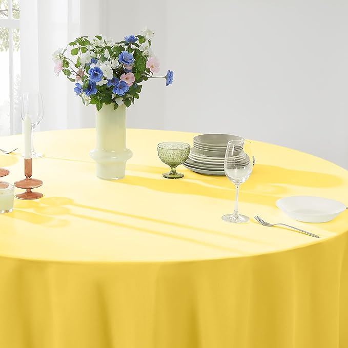 Round Tablecloth 132 Inch 2 Pack Yellow Tablecloths Washable Decorative Linen Polyester Table Clothes Cover for Dining Table Banquets Buffet Parties and Wedding