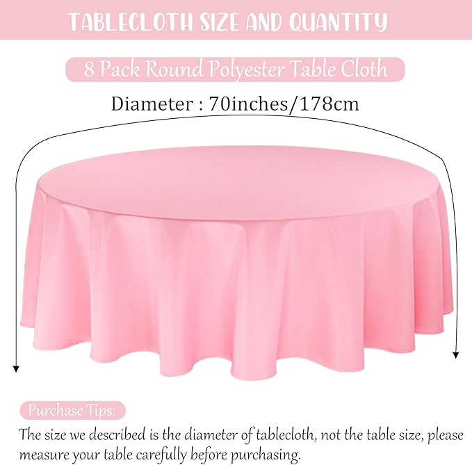 8 Pack Round Tablecloth 70 Inch Pink Round Table Covers Bulk Washable Polyester Fabric Table Clothes for Wedding Party Reception Banquet Buffet Restaurant (Pink, 70 Inch)