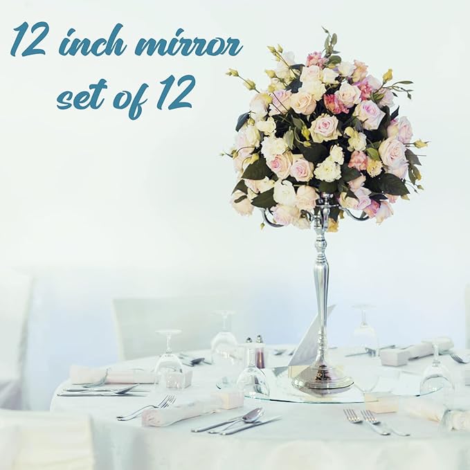 JAMBALAY 12" Round Mirror Centerpieces for Tables, Set of 12 Glass Mirror Table Centerpieces, Circle Glass Mirror Trays, Mirror Candle Plates for Wedding Decorations and Party